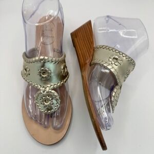 Jack Rogers Mid Wedge Sandal Womens 6M Gold Leather Whipstitch